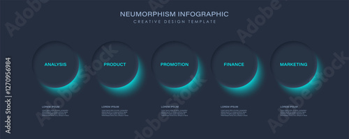 Neumorphism infographics creative design template with 5 steps. Vector illustration