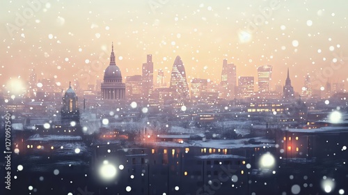 A picturesque winter scene showcasing a snow-covered city skyline at dusk, with buildings and soft snowfall in the foreground.