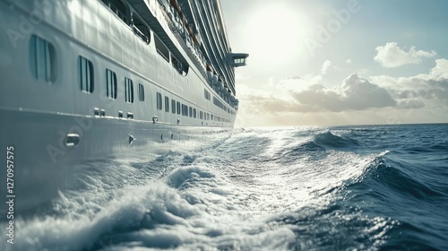 A close-up of the swirling white foam in the wake of a massive cruise liner, the water glistening in the sun.