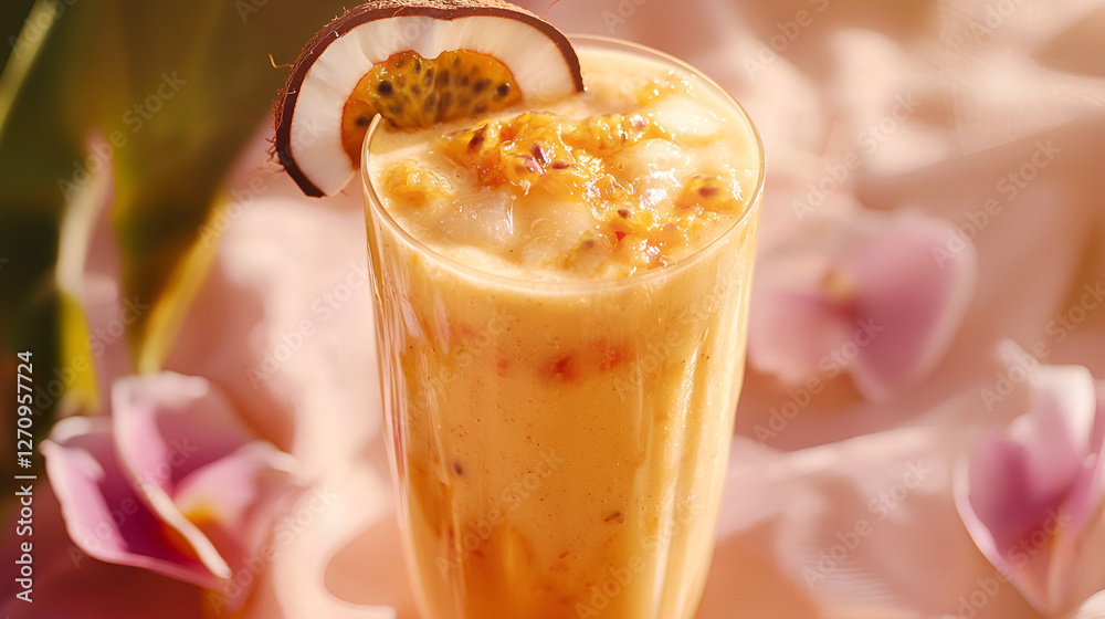 Tropical refreshment: A vibrant blend of flavors, garnished with exotic coconut and passion fruit. Tropical refreshment: A vibrant blend of flavors, garnished with exotic coconut and passion fruit.