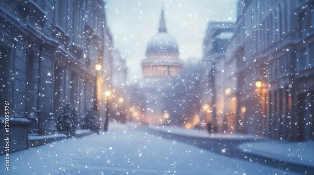 Obraz premium A serene winter scene with falling snowflakes, capturing a blurred view of a historic building amidst a snowy street in a quiet city.