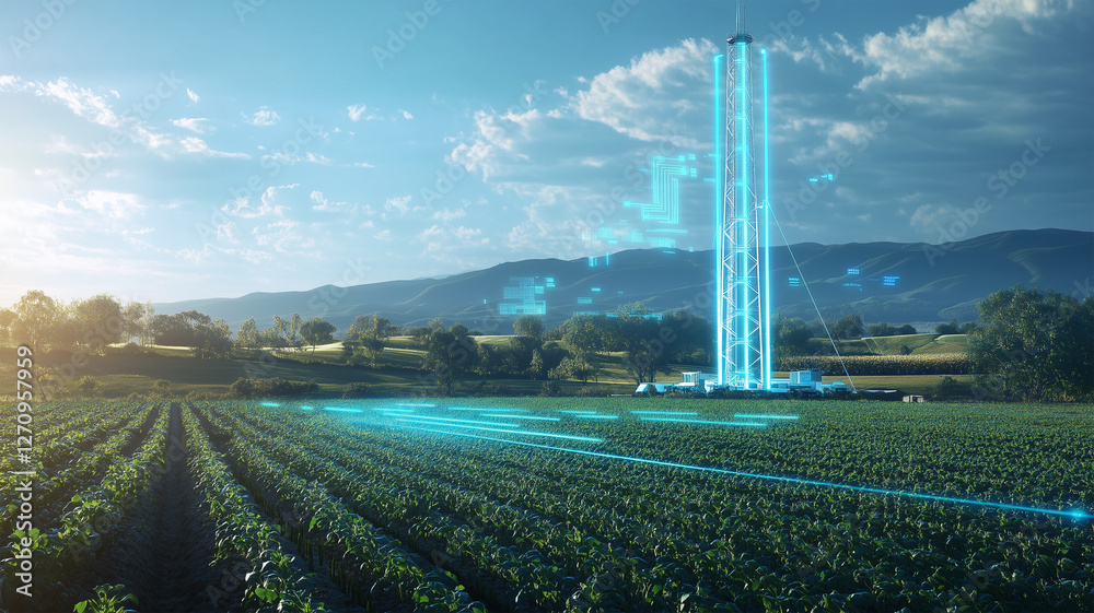 Obraz premium 次世代通信タワーが農村に設置され、遠隔農業を支える未来の風景