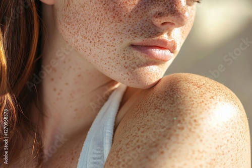 Close-up of a woman's face and shoulder covered in freckles, showcasing natural beauty in the sunlight, with a focus on skin texture and youthful appearance, detailed.