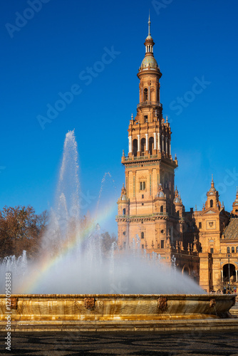 A rainbow forms in the fountain spray in front of the Plaza de España tower in Seville Spain under clear blue sky