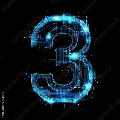 Futuristic Glowing Number 3, Digital Light Effects, Blue Neon 3, Cyber Number Three, High Tech Design Print