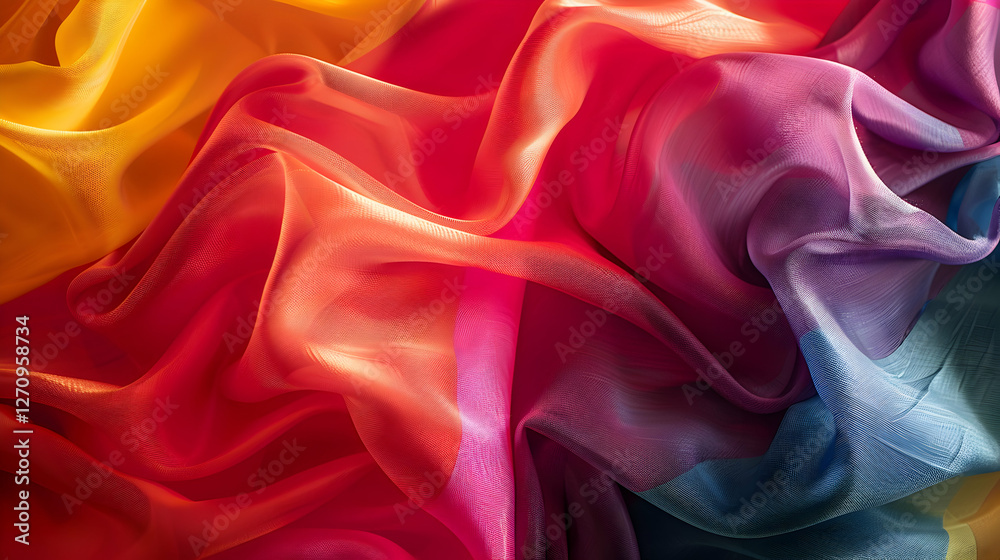 Fototapeta premium Vibrant, flowing silk fabric in warm hues of orange, red, and purple, creating a dynamic visual texture