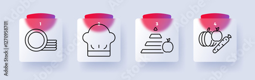 Cooking set icon. Plates, chef hat, food pyramid, vegetables, nutrition, culinary, kitchen, dining, fresh ingredients, healthy eating, meal preparation, restaurant, balanced diet