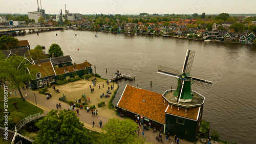 Aerial shot of a Windmill in the old town of Zaanse Schans, Netherlands