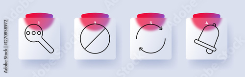 Alert set icon. Magnifier, prohibition, refresh, notification bell, warning, attention, restriction, update, communication, reminder, caution, restriction sign, renewal, alert system.