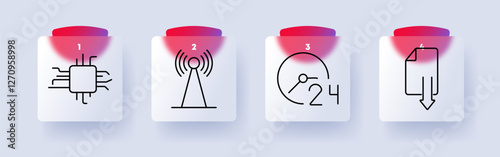Network set icon. Microchip, wireless signal, 24-hour service, file download, connectivity, communication, technology, data transfer, infrastructure, internet, software, accessibility, automation