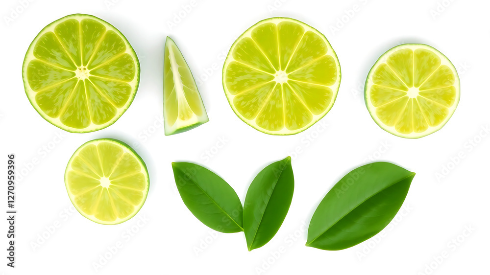 Fresh Lime Slices and Whole Lime, Vector Illustration Fresh Lime Slices and Whole Lime, Vector Illustration