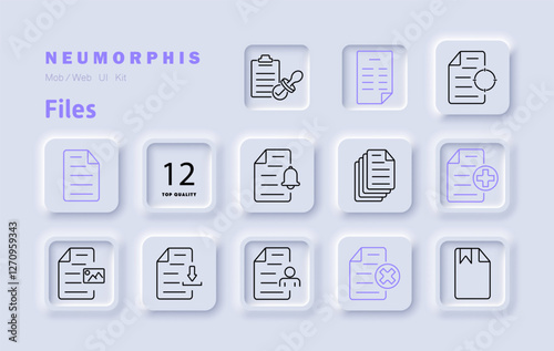 Files set icon. Document, download, archive, approval, verification, security, notification, paperwork, data management, organization, reports, records, system, digital files, processing