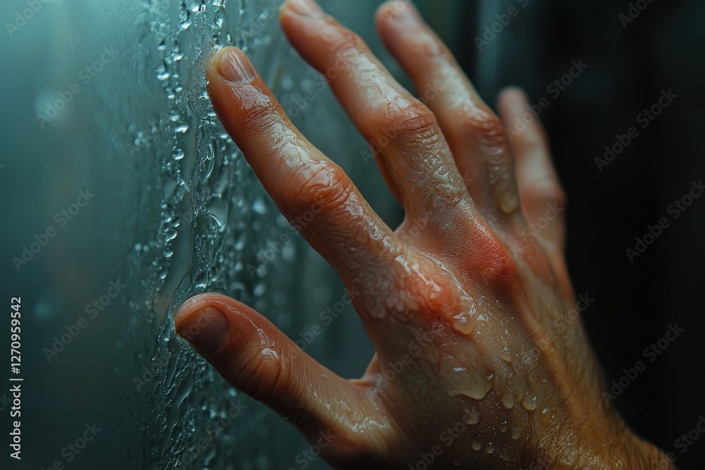 Fototapeta premium A human hand, wet with condensation, presses against a glass surface covered in water droplets, creating a textured and tactile close-up view.