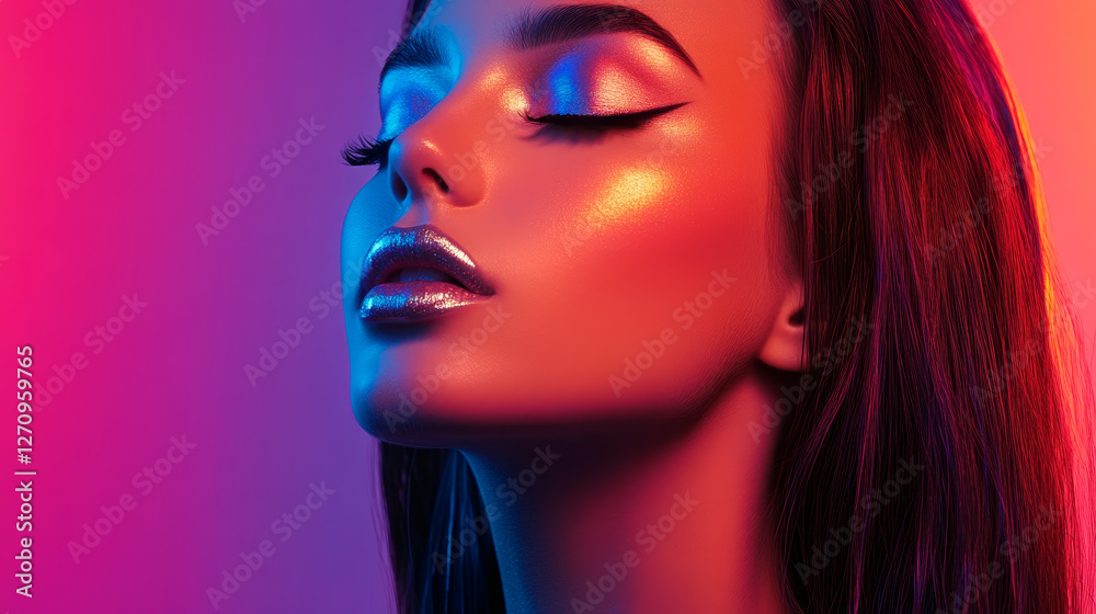 Vibrant Neon Portrait of Woman with Glitter Makeup Vibrant Neon Portrait of Woman with Glitter Makeup