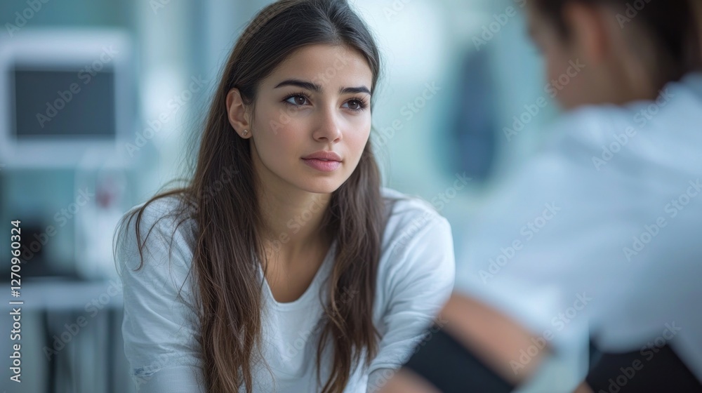 A young woman recovering from a sports injury sits thoughtfully in a bright clinic room. A skilled physiotherapist, adorned with a professional leg brace, meticulously examines her knee, A young woman recovering from a sports injury sits thoughtfully in a bright clinic room. A skilled physiotherapist, adorned with a professional leg brace, meticulously examines her knee,