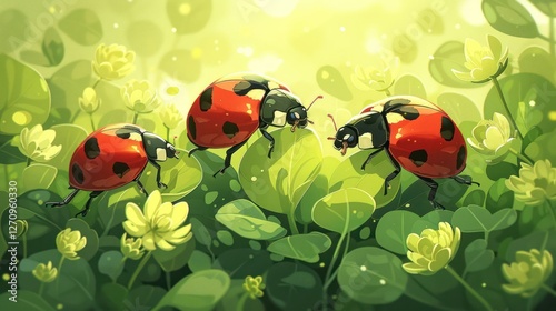 Three ladybugs crawling among vibrant green leaves in a bright, enchanting setting.
