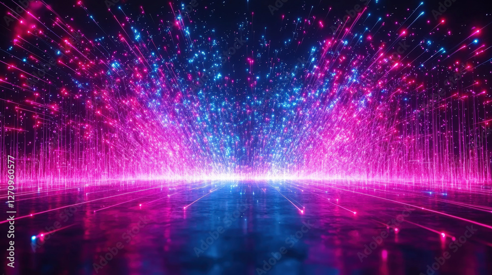 Futuristic neon lights with vibrant pink and blue glowing streaks on reflective surface