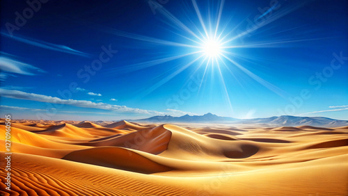 A minimalist illustration of a desert landscape under a clear blue sky with a bright sunbackground texture. photo