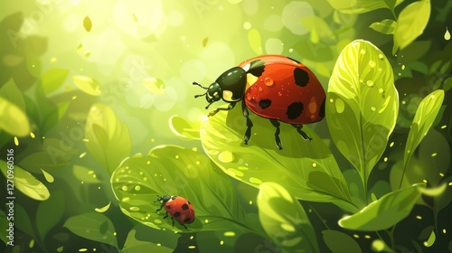 A vibrant illustration of ladybugs on green leaves in a sunlit environment.
