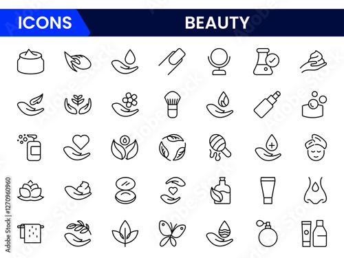 Beauty and Spa set of web icons in line style. Cosmetics services & Spa icons for web and mobile app. Spa treatments, skin care, massage, hyaluronic acid, serum, anti ageing, pore tighten, cosmetology