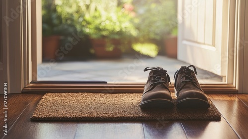 A doormat inside a home's front door, paired with a set of shoes, ready for the next outdoor adventure