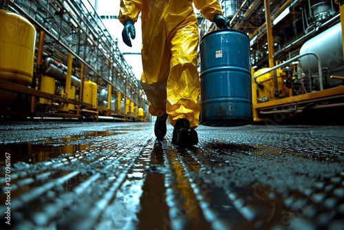 a fully protected technician moving a barrel that contains toxic substances