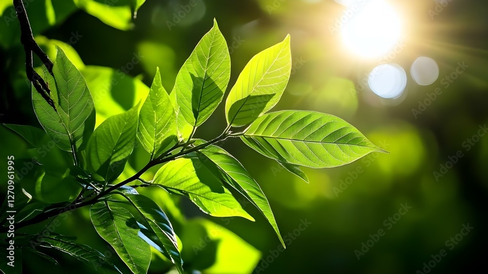 Obraz premium Bright green leaves illuminated by sunlight, with a blurred background of more foliage. Concept Nature Photography, Sunlight Effects, Greenery Close-up, Blurred Background, Foliage Details