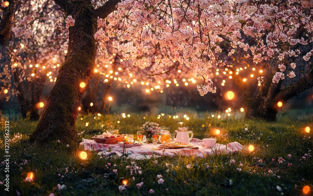 A springtime picnic under a blossoming cherry tree A springtime picnic under a blossoming cherry tree