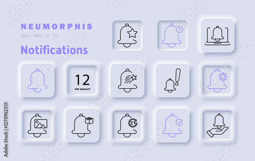 Notifications set icon. Alert, bell, reminder, updates, system message, warning, security, automation, priority, subscription, settings, schedule, notification preferences, alerts
