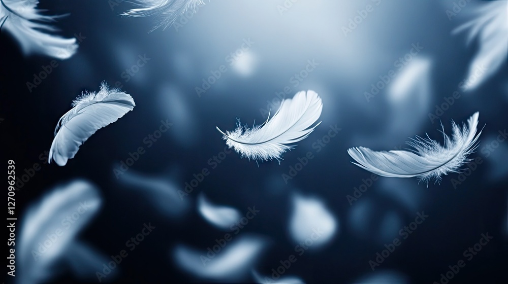Obraz premium A flurry of delicate white feathers drifting in mid-air against a dark, moody backdrop.