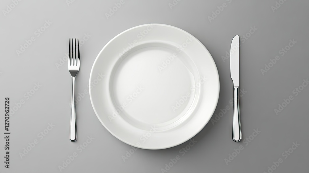 A fresh, minimalist dining setup with a ceramic plate, fork, and knife separated, set against a grey stone background A fresh, minimalist dining setup with a ceramic plate, fork, and knife separated, set against a grey stone background