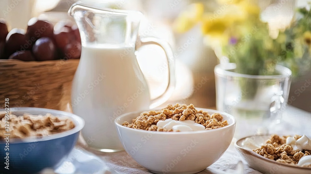 A fresh morning breakfast setup with a jug of milk, a glass, and a bowl of cereal. A fresh morning breakfast setup with a jug of milk, a glass, and a bowl of cereal.