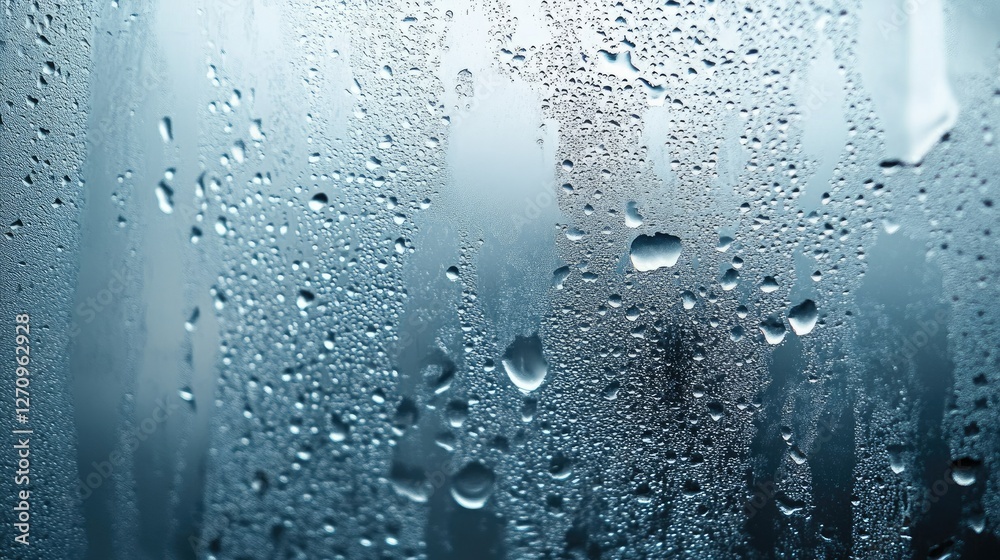 A frosted glass window with water droplets from condensation, showing a misty effect with soft natural lighting A frosted glass window with water droplets from condensation, showing a misty effect with soft natural lighting