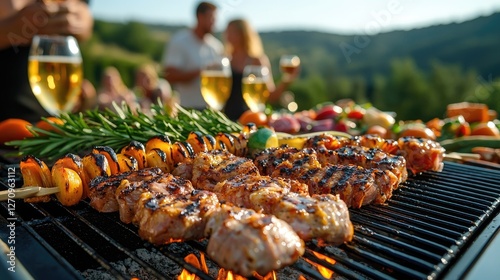 Grilled skewers, friends enjoying drinks, scenic background, summer BBQ