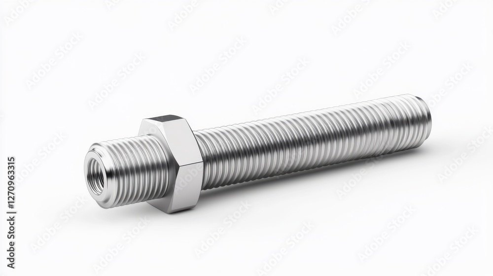 Close-up of a shiny metallic bolt with threads and hexagonal nut, showcasing industrial design and engineering features Close-up of a shiny metallic bolt with threads and hexagonal nut, showcasing industrial design and engineering features