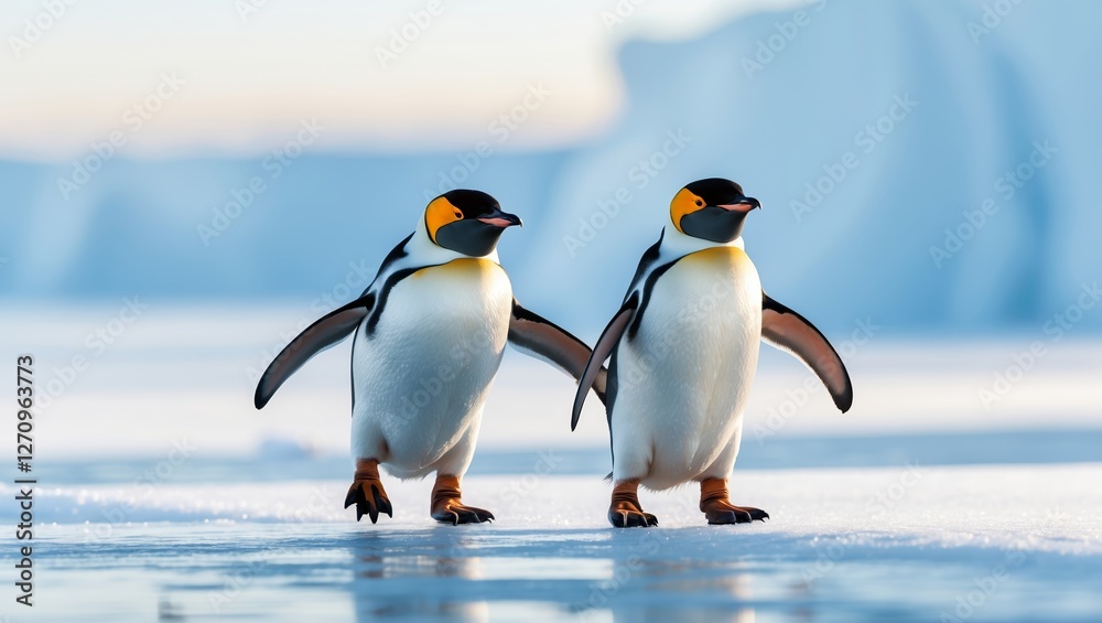 Fototapeta premium Two penguins walking across the icy landscape in Antarctica during a sunny day