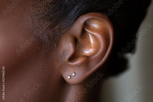Close-up of an elegant dark-skinned woman's ear with delicate diamond stud earrings, showcasing skin detail and subtle beauty with a soft, natural light.