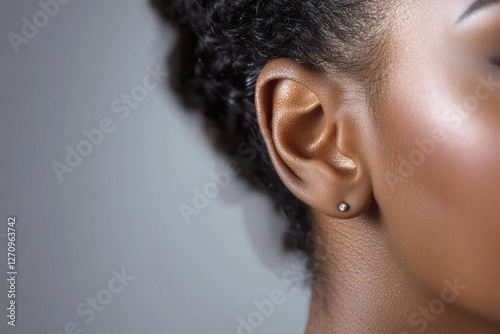 A serene close-up of a woman's ear featuring a minimalist stud earring, highlighting the beauty of simplicity and the elegance of subtle adornment against soft skin.