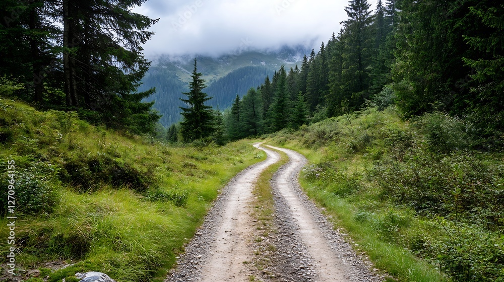 Fototapeta premium Winding dirt road through a dense forest showcasing nature's tranquil beauty : Generative AI