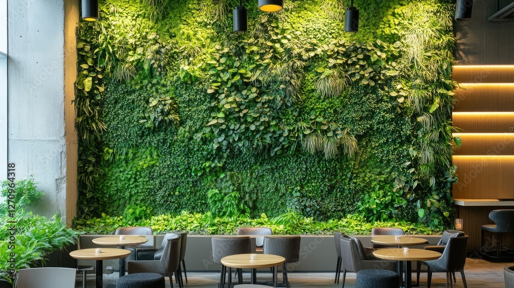 Fototapeta premium A green leaf wall in a hotel lobby, transforming the space into a tropical oasis with cascading plants