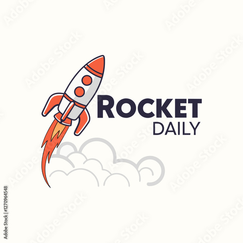 Rocket spaceship logo. Hand drawn full color brand sign