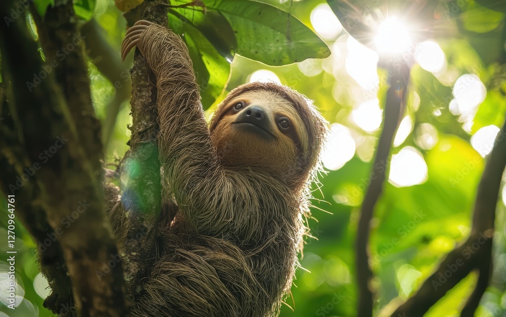 Fototapeta premium A tiny pygmy three-toed sloth hanging from a tree