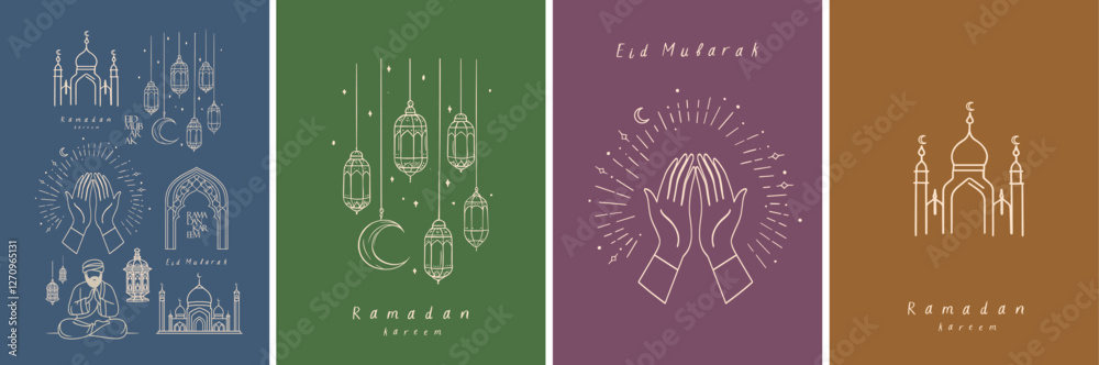 Ramadan kareem. Eid mubarak. Vector minimalistic abstract line illustration with watercolor spots: hands in prayer, mosque, lanterns, crescent moon, Muslim for greeting card, invitation, icon and logo Ramadan kareem. Eid mubarak. Vector minimalistic abstract line illustration with watercolor spots: hands in prayer, mosque, lanterns, crescent moon, Muslim for greeting card, invitation, icon and logo