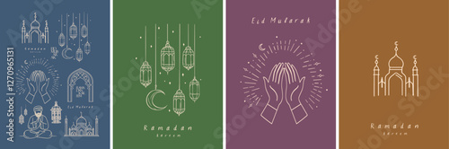 Ramadan kareem. Eid mubarak. Vector minimalistic abstract line illustration with watercolor spots: hands in prayer, mosque, lanterns, crescent moon, Muslim for greeting card, invitation, icon and logo