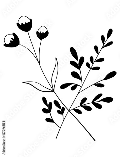 tiny wild flowers and plants line art botanical illustrations. Trendy greenery hand draw lines black ink sketches. vector illustration