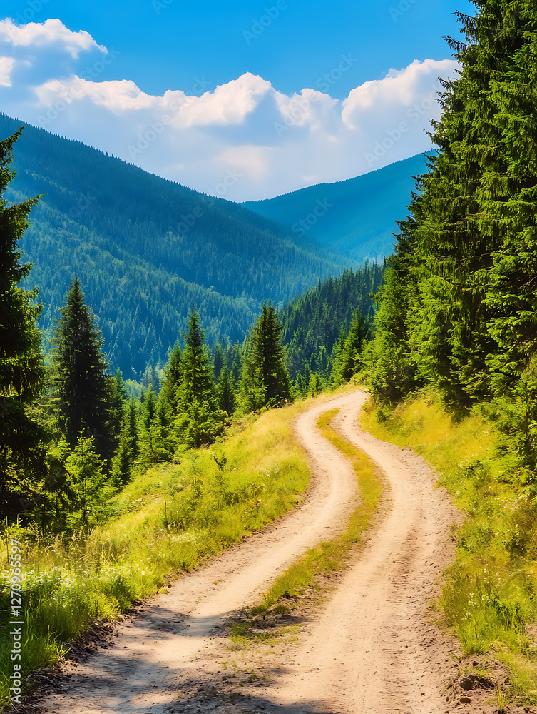 Winding dirt road through a mountain meadow framed by evergreen trees leading into a valley under a bright blue sky. Winding dirt road through a mountain meadow framed by evergreen trees leading into a valley under a bright blue sky.
