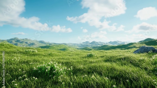 A lush green grass floor stretching across the landscape under a bright blue sky, perfect for nature-themed designs