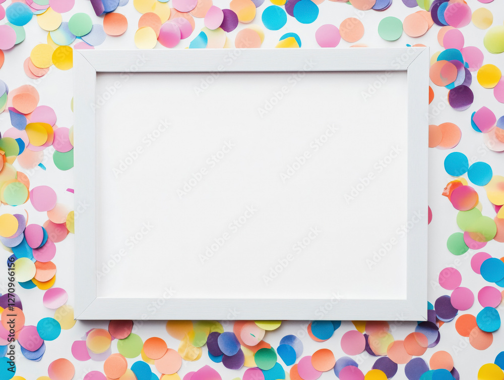 Photo frame mock up with space for text, with colorfull confetti on white background. Flat lay, top view. Photo frame mock up with space for text, with colorfull confetti on white background. Flat lay, top view.