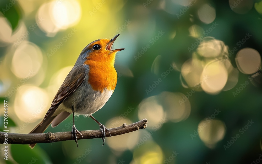 Fototapeta premium A vibrant European robin singing on a branch