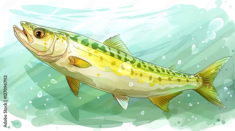 Naklejka premium A colorful illustration of a fish swimming underwater with bubbles around it.